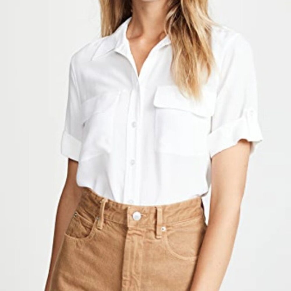 Equipment White Satin Button Up Pocket Short‎ Sleeve Top